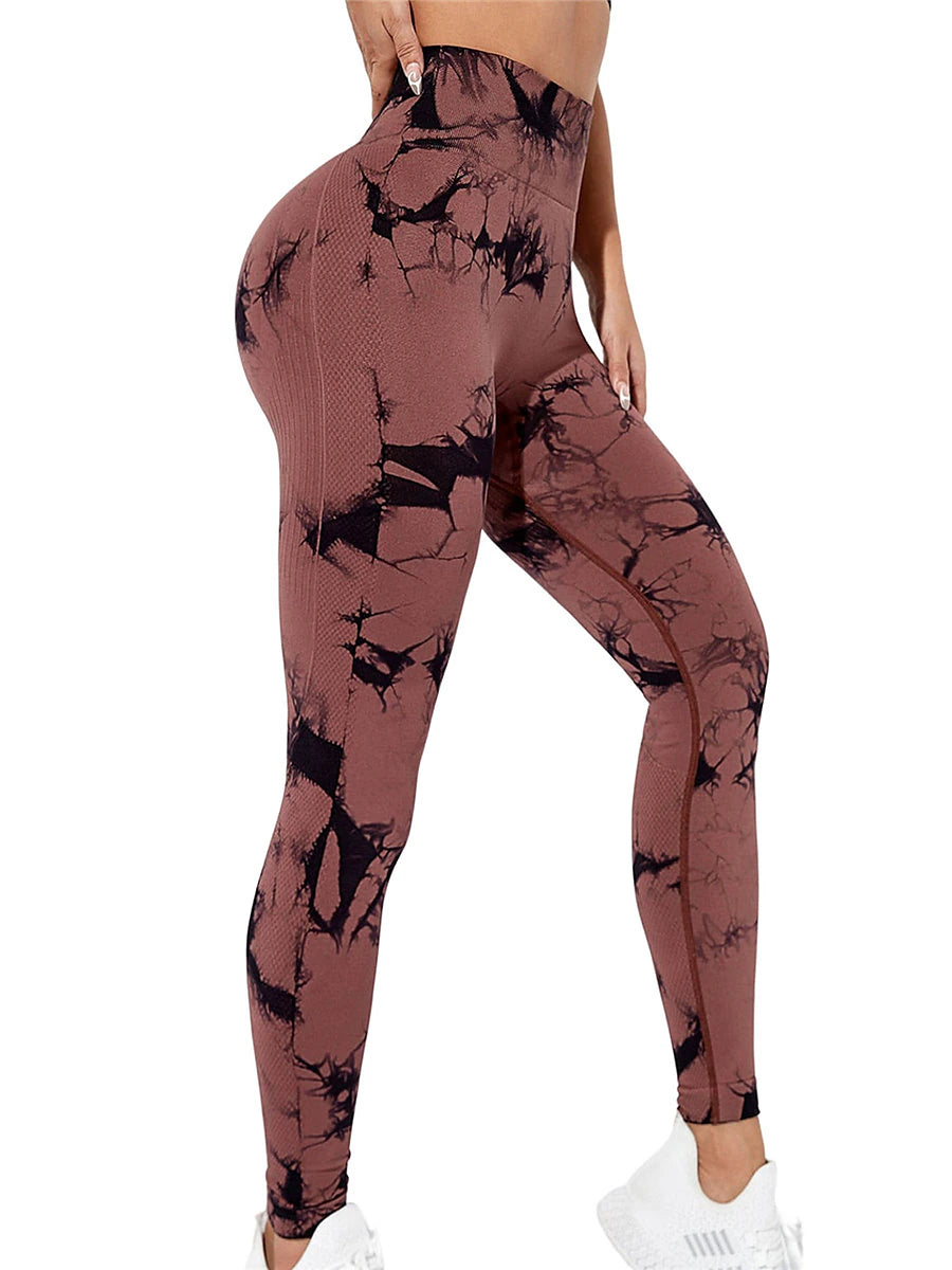 Women's Slim Nylon Tie Dye Maroon Light Pink Fashion High Waist Full Length Yoga Gym Spring Fall