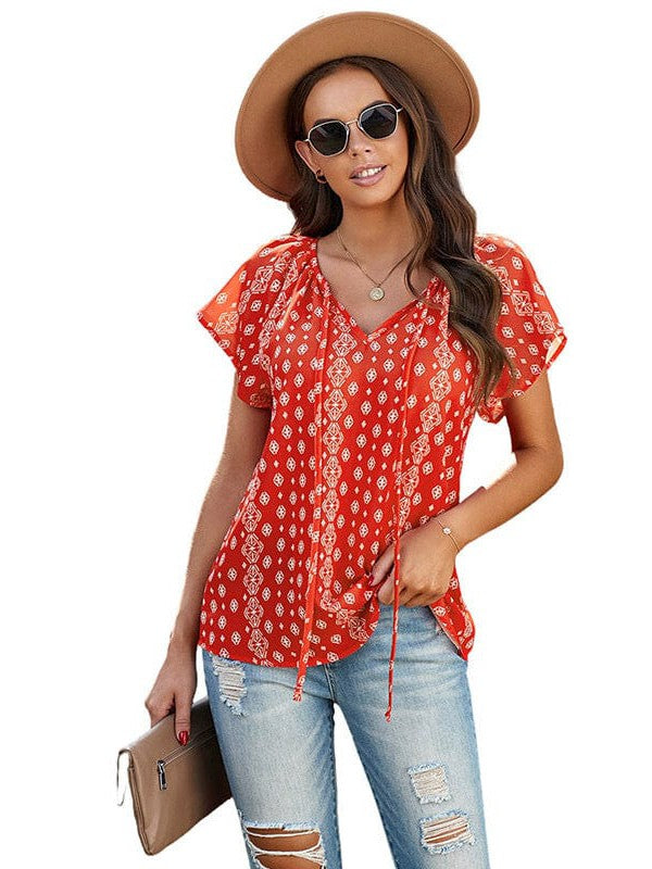 Sweet Floral Chiffon V-Neck Women's Shirt Top