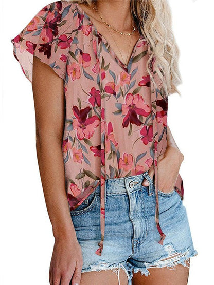 Sweet Floral Chiffon V-Neck Women's Shirt Top