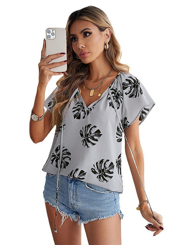 Sweet Floral Chiffon V-Neck Women's Shirt Top