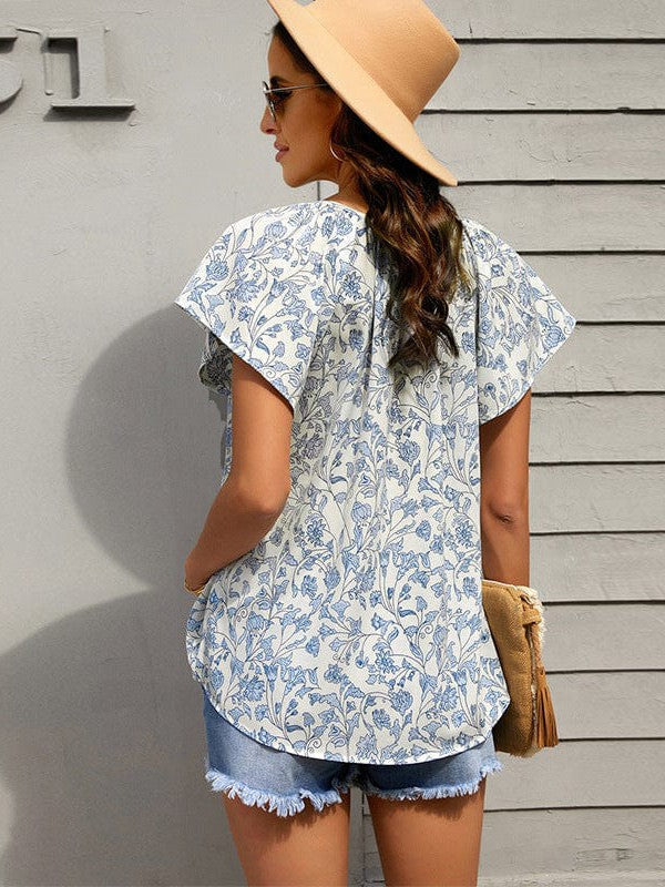 Sweet Floral Chiffon V-Neck Women's Shirt Top