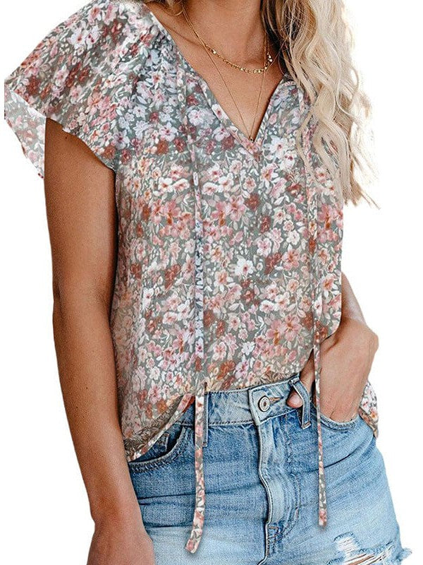 Sweet Floral Chiffon V-Neck Women's Shirt Top