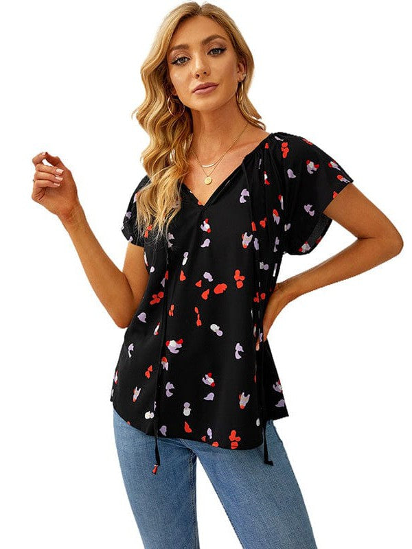 Sweet Floral Chiffon V-Neck Women's Shirt Top