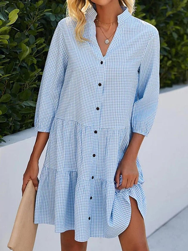 Women's Shirt Dress Casual Dress Cotton Linen Dress Mini Dress Cotton Cotton Blend Fashion Modern Outdoor Daily Date Split Neck Button Print 3/4 Length Sleeve Summer Spring Fall 2023 Loose Fit Blue - LuckyFash™