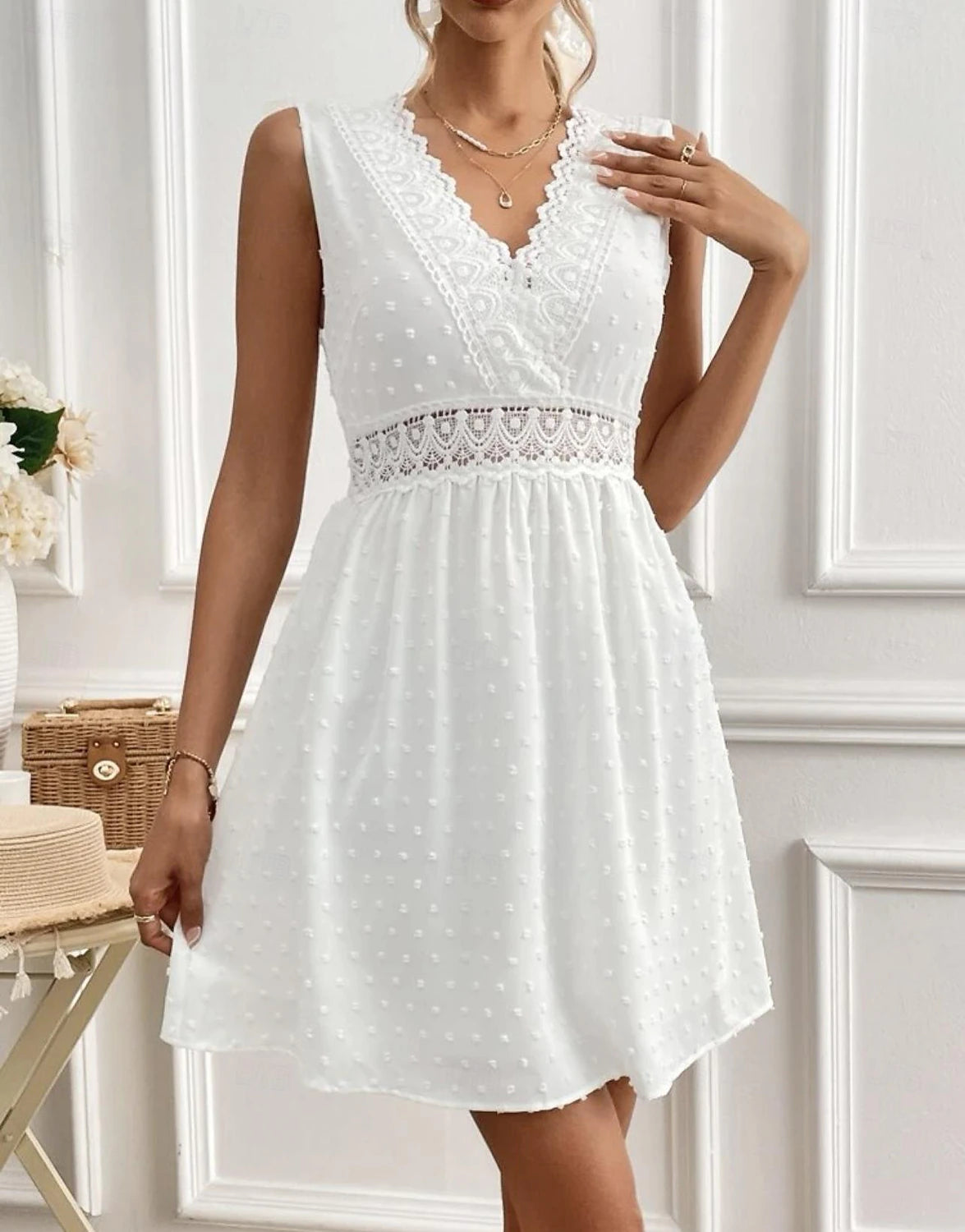 Women's White Lace Wedding Dress Mini Dress Cotton with Sleeve Date Streetwear V Neck Sleeveless White Color