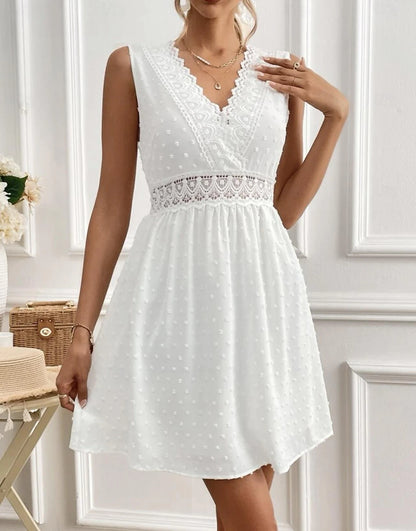 Women's White Lace Wedding Dress Mini Dress Cotton with Sleeve Date Streetwear V Neck Sleeveless White Color