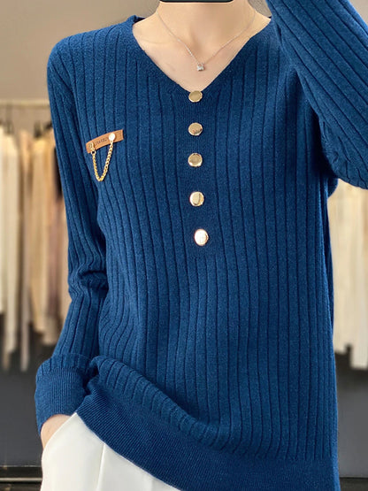 Women's Pullover Sweater Jumper V Neck Ribbed Knit Polyester Button Fall Winter Regular Outdoor Daily Going out Stylish Casual Soft Long Sleeve Solid Color Black White Yellow S M L