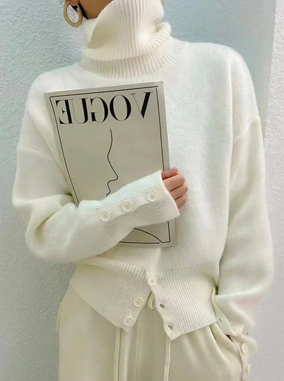 Women's Pullover Sweater Jumper Turtleneck Crochet Knit Knit Button Knitted Fall Winter Cropped Daily Holiday Stylish Casual Long Sleeve Solid Color White S M L