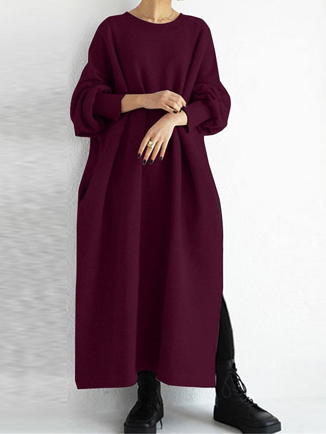 Women's Sweatshirt Dress Casual Dress Long Dress Maxi Dress Active Daily Outdoor Holiday Vacation Crew Neck Design Pure Color Loose Fit Black Wine Gray S M L XL XXL