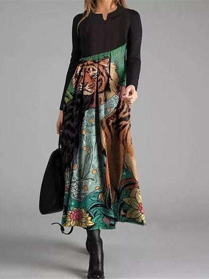 Women's Winter Dress A Line Dress Floral Color Block Ruched Patchwork Crew Neck Long Dress Maxi Dress Daily Vacation Long Sleeve Fall Winter