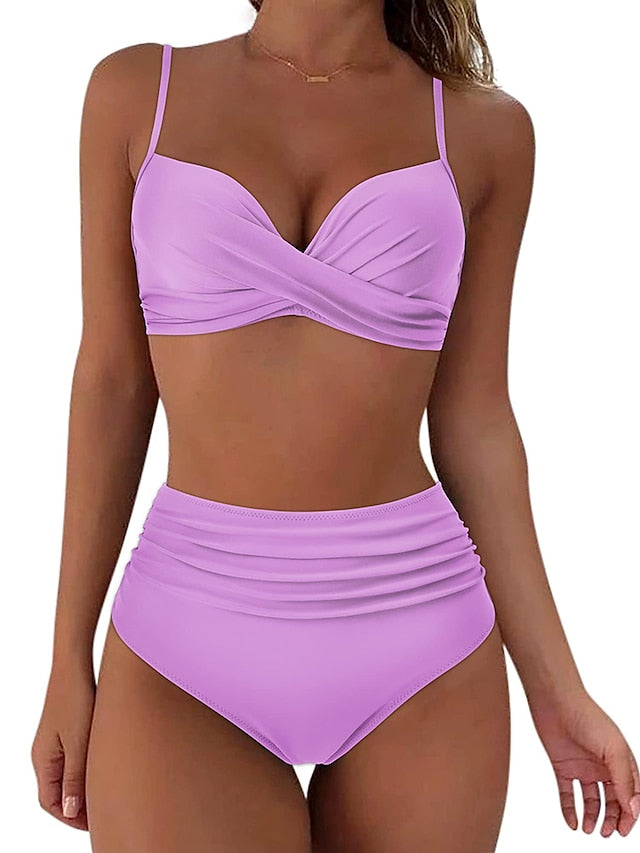 Women's Swimwear Bikini Normal Swimsuit 2 Piece High Waisted Plain Black Pink Purple Green Rose Red Bathing Suits Sports Beach Wear Summer - LuckyFash™