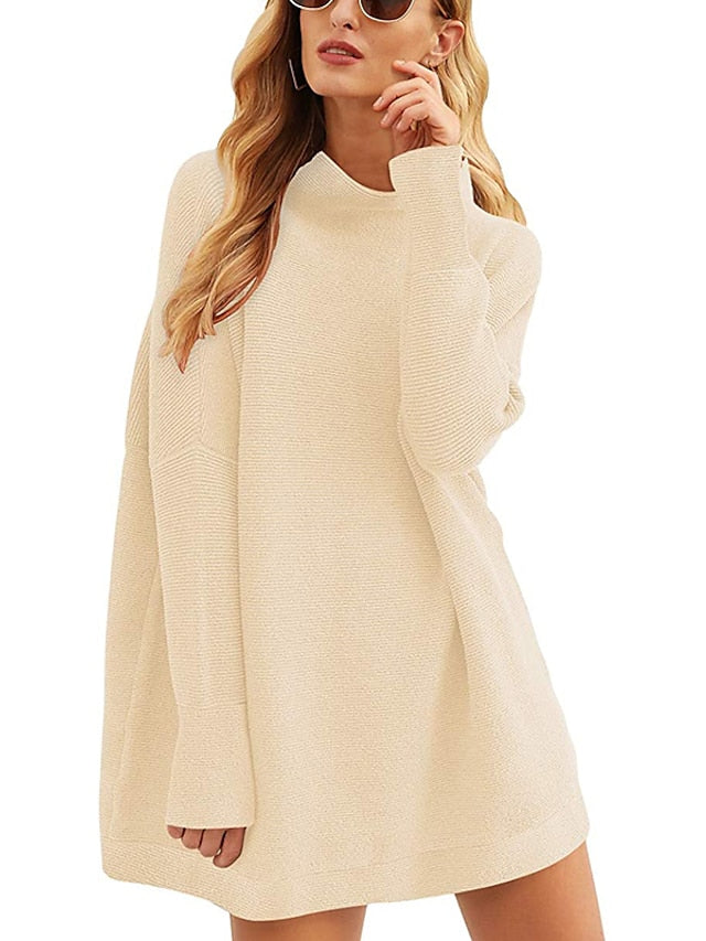 Women's Pullover Sweater Jumper Turtleneck Ribbed Knit Acrylic Patchwork Lantern Sleeve Winter Long Outdoor Stylish Elegant Casual Long Sleeve Solid Color Black White Pink S M L