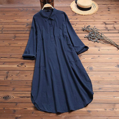 Women's Shirt Dress Casual Dress Cotton Linen Swing Long Sleeve V Neck Pocket Basic Loose Midi Summer Spring