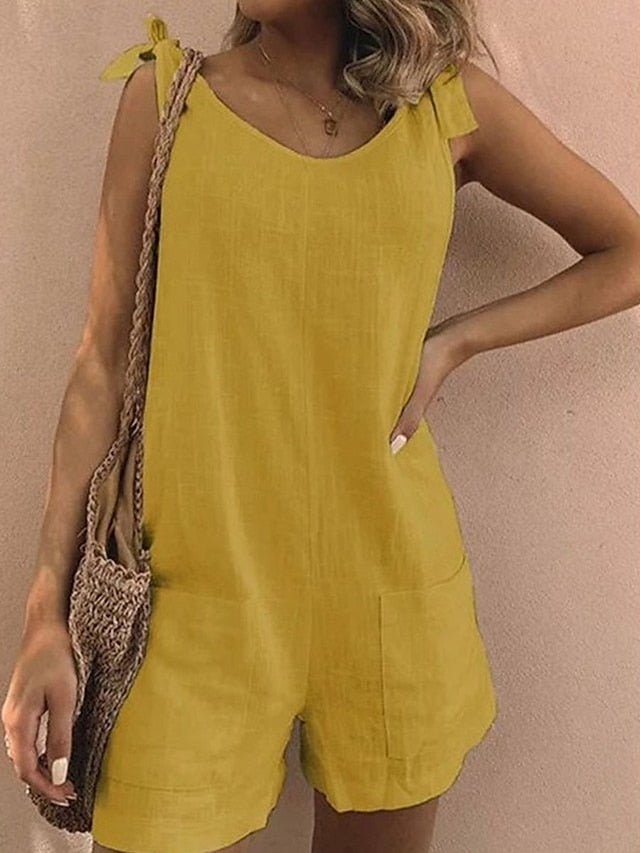 Women's Romper Pocket Bow Solid Color Crew Neck Streetwear Daily Vacation Regular Fit Sleeveless Sleeveless Plus Size Jumpsuit White Yellow Blue S M L Spring - LuckyFash™