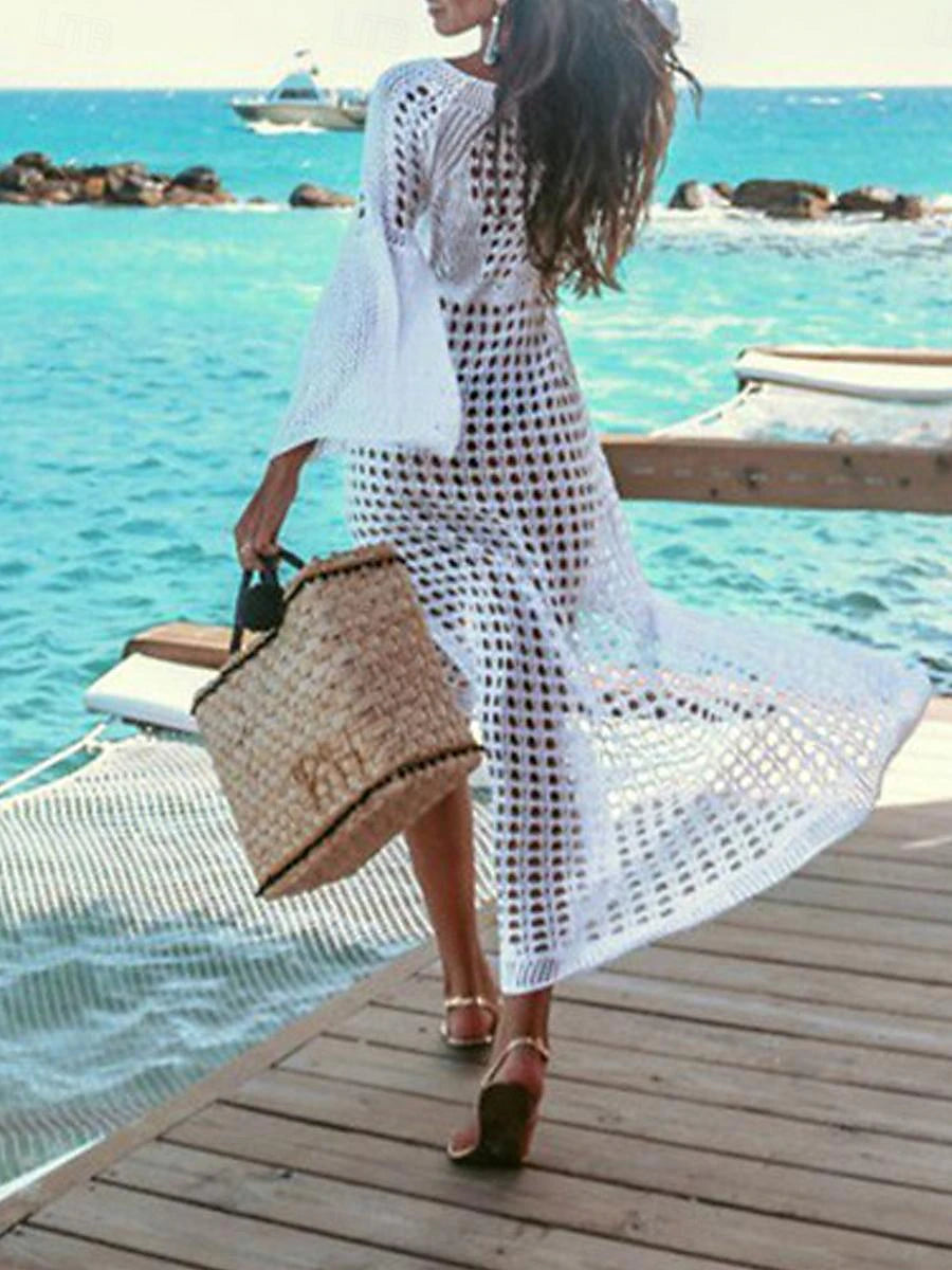 Women's White Dress Summer Dress Cover Up Long Dress Maxi Dress Hollow Out Split Vacation Beach Hawaiian Maxi Crew Neck Long Sleeve Black White Apricot Color