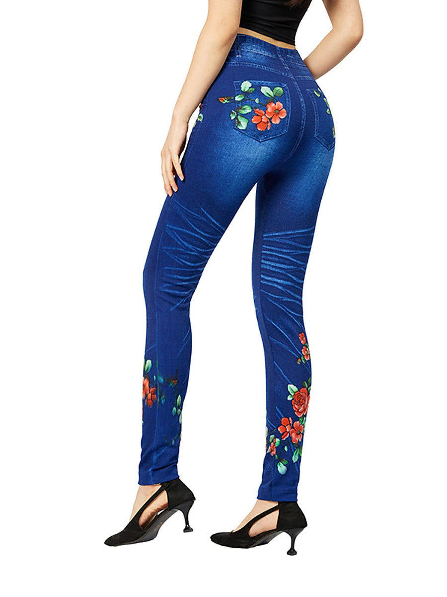 Women's Slim Polyester Floral Blue Fashion High Waist Full Length Street Causal Summer Fall