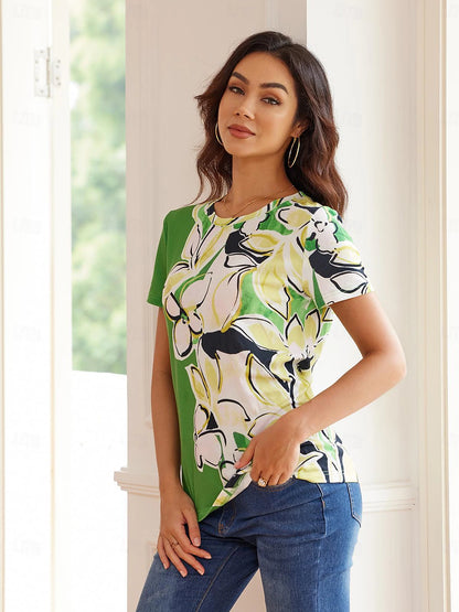 Women's T shirt Tee Floral Weekend Print Green Short Sleeve Fashion Crew Neck Summer