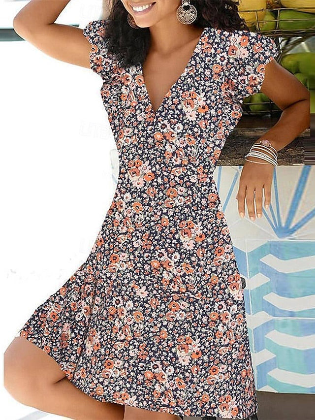 Women's V Neck Flutter Sleeve Midi Dress Short Sleeve Summer Spring