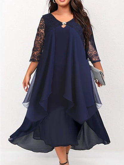 Women‘s Plus Size Curve Work Dress Chiffon Dress Swing Dress Long Dress Maxi Dress 3/4 Length Sleeve Lace Layered V Neck Outdoor Summer Spring Wedding Guest Dress