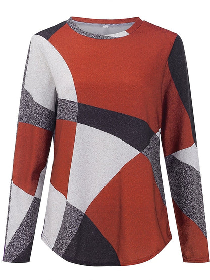 Women's T shirt Tee Color Block Geometic Basic Round Neck Standard Fall Red Blue Purple Green Grey - LuckyFash™