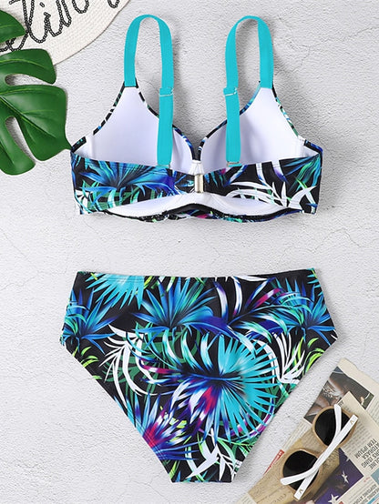 Women's Swimwear Bikini 2 Piece Normal Swimsuit Backless Push Up Printing High Waisted Leaf Blue V Wire Bathing Suits New Vacation Sexy / Modern - LuckyFash™