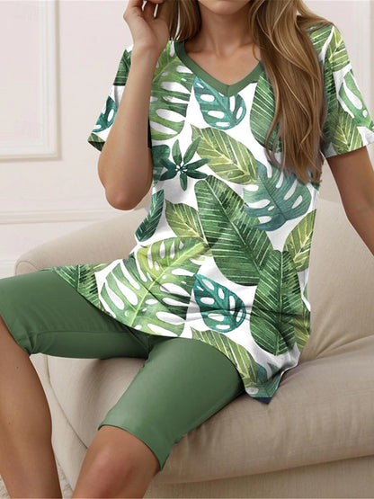 Women's T shirt Tee Shorts Sets Leaves Casual Daily Print Green Short Sleeve Fashion V Neck Summer