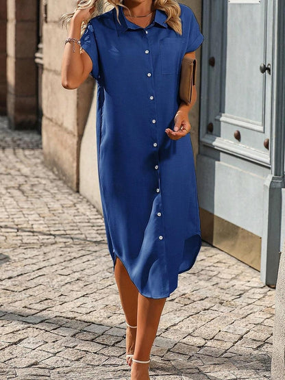 Women's Shirt Dress Casual Dress Midi Dress Office Vacation Polyester Basic Modern Shirt Collar Button Pocket Short Sleeve Summer Spring Loose Fit Blue Plain S M L XL 2XL