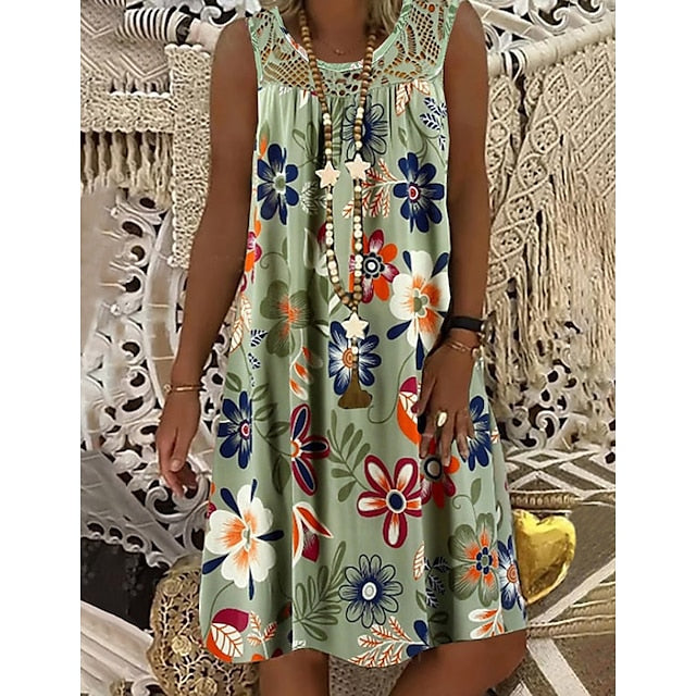 Women‘s Shift Dress Knee Length Dress White Black Army Green Fuchsia Navy Blue Sleeveless Floral Print Spring Summer Round Neck Hot Casual Boho Loose 2023 M L XL XXL 3XL 4XL 5XL