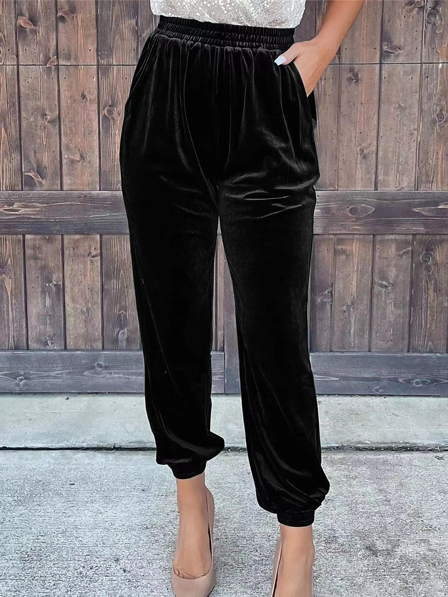 Women‘s Sweatpants Joggers Velvet Pants Trousers Full Length  Pocket Micro-elastic High Waist Fashion Streetwear Party Dark Brown Black S M Fall & Winter