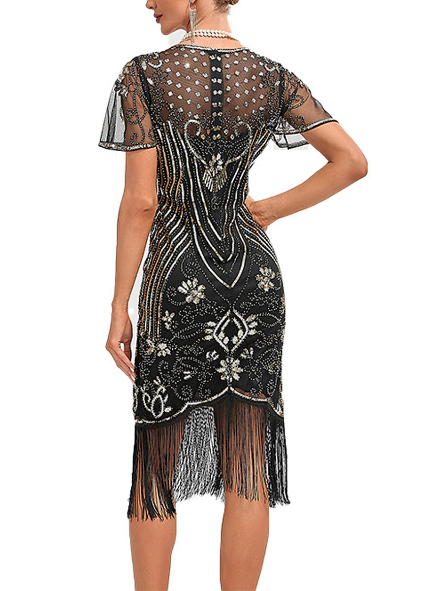 Women's Sequins Tassel Fringe Sequin Dress Midi Dress Elegant Floral Crewneck Short Sleeve Party Halloween Spring Fall Silver Black