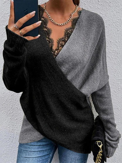 Women's Pullover Sweater Jumper V Neck Ribbed Knit Cotton Blend Patchwork Criss Cross Lace Trims Fall Winter Regular Daily Going out Weekend Stylish Casual Soft Long Sleeve Solid Color White Khaki