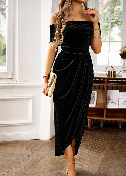 Women's Velvet Dress Prom Dress Party Dress Velvet Pleated Split Off Shoulder Short Sleeve Office Formal Black Wine Spring Winter