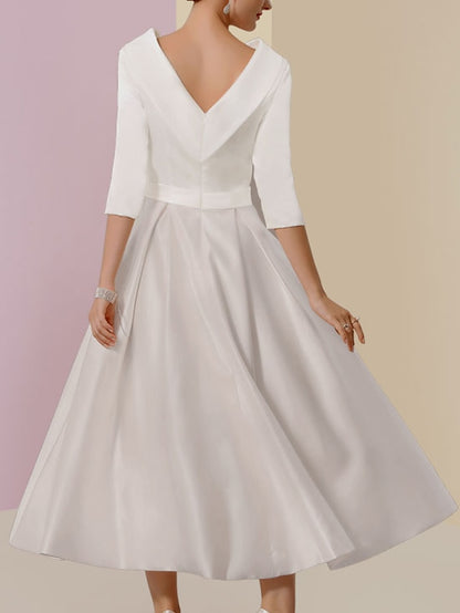 A-Line Mother of the Bride Dress Wedding Guest Vintage Elegant Jewel Neck Tea Length Charmeuse Half Sleeve with Pleats Crystals 2023 - LuckyFash™