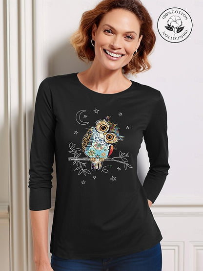 100% Cotton Owls Print Women's Casual Daily T shirt Long Sleeve Crew Neck T shirt