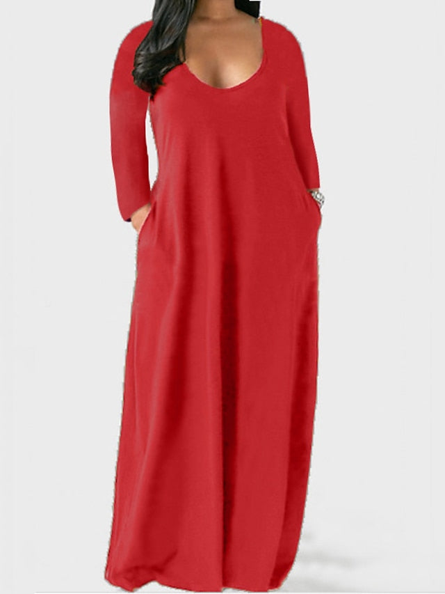 Women‘s Plus Size Curve Shift Dress Solid Color Boat Neck Long Sleeve Spring Fall Basic Casual Maxi long Dress Daily Vacation Dress