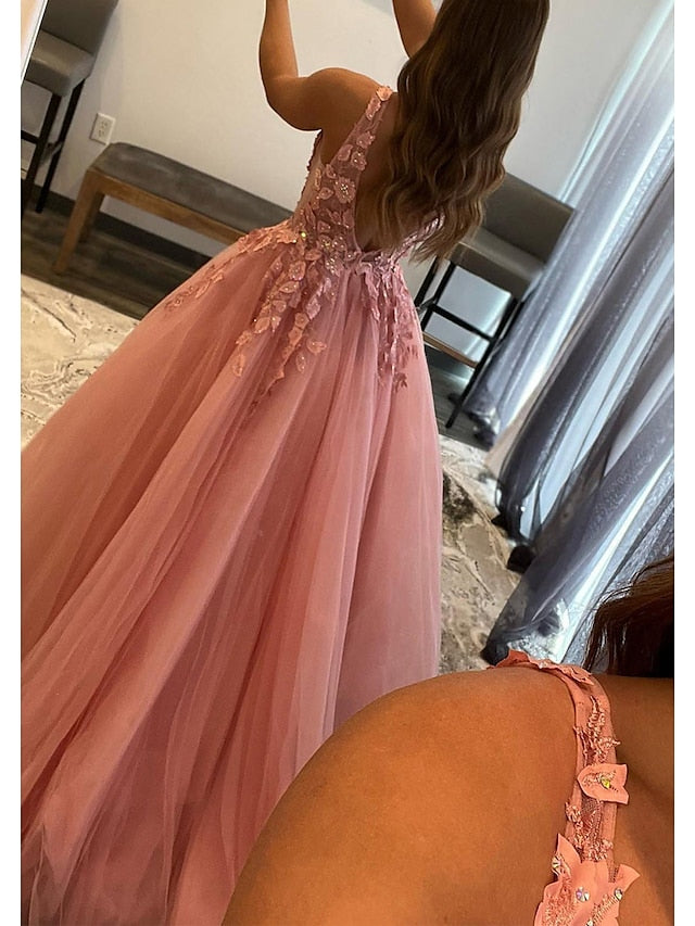 A-Line Prom Dresses Open Back Dress Formal Floor Length Sleeveless V Neck Tulle Backless with Pleats Beading Appliques 2023 - LuckyFash™