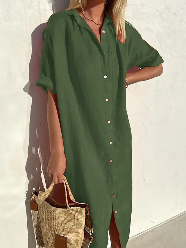 Women's Shirt Dress Casual Dress Midi Dress Daily Cotton Casual Shirt Collar Button Short Sleeve Summer Spring Fall 2023 Loose Fit ArmyGreen Black Red Plain XS S M L XL - LuckyFash™