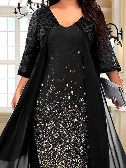 Women‘s Plus Size Curve Party Dress Lace Dress Cocktail Dress Gradient Midi Dress 3/4 Length Sleeve Print Lace V Neck Elegant Dress Wedding Guest Dress