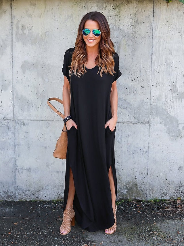 Women's T Shirt Dress Tee Dress Long Dress Maxi Dress Wine Red Green Black Short Sleeve Pure Color Pocket Spring Summer V Neck S M L XL 2XL 3XL 4XL 5XL - LuckyFash™