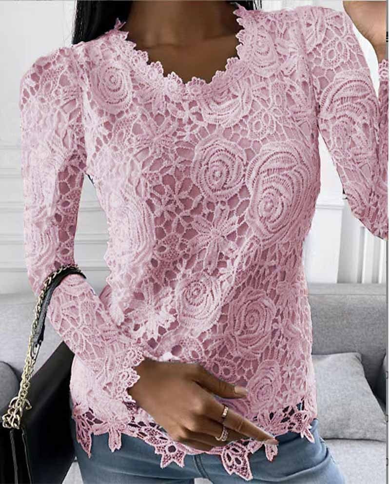 Women's Shirt Blouse White Eyelet Tops Black White Pink Plain Lace Long Sleeve Work Streetwear Casual Round Neck Regular Floral S