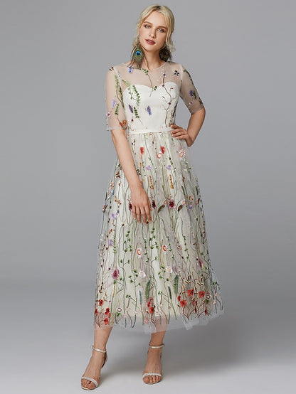 A-Line Floral Dress Holiday Tea Length Half Sleeve Illusion Neck Lace with Embroidery Appliques 2023 - LuckyFash™