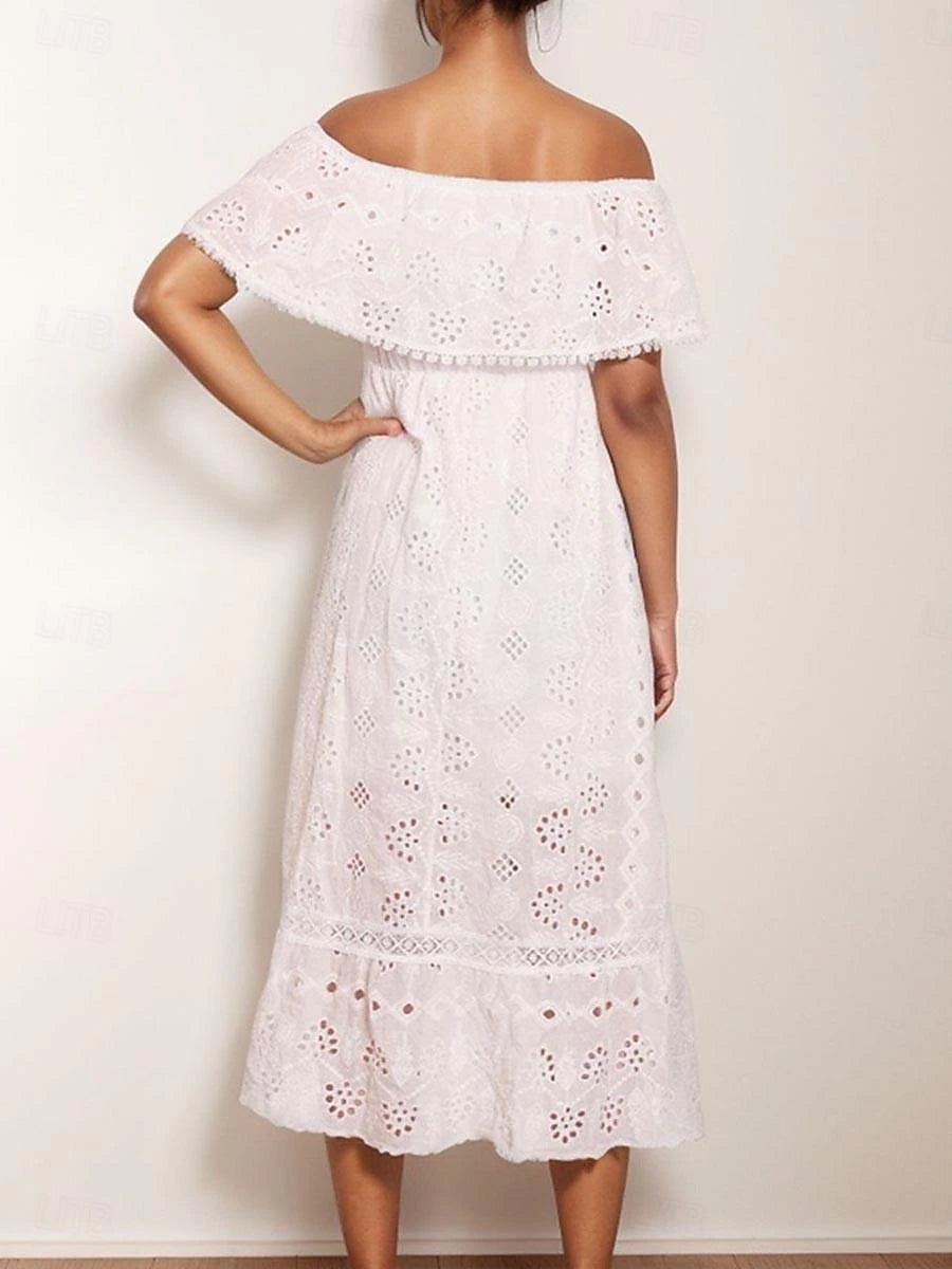 Women's Summer Dress Boho Wedding Guest Dress White Lace Wedding Dress Midi Dress with Sleeve Party Vacation Elegant Off Shoulder Short Sleeve White Color