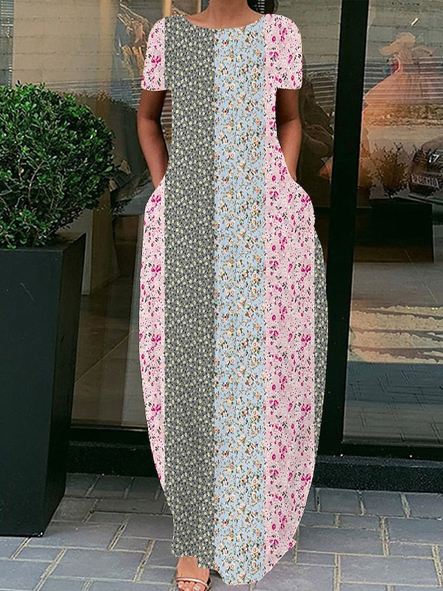 Women's Long Dress Maxi Dress Casual Dress Summer Dress Print Dress Graphic Leopard Floral Fashion Modern Daily Holiday Vacation Print Short Sleeve Crew Neck Dress Loose Fit Light Pink Pink Blue - LuckyFash™