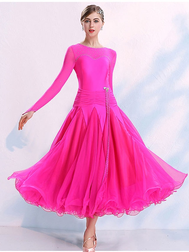 Ballroom Dance Dress Split Joint Crystals / Rhinestones Women's Training Performance Long Sleeve Spandex Organza Polyster - LuckyFash™