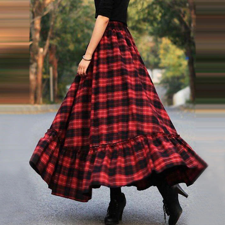 Women's Skirt Swing Work Skirts Long Skirt Maxi Skirts Ruffle Print Plaid Christmas Daily Autumn / Fall Polyester Cotton Blend Fashion Summer Black Red Fuchsia Gray