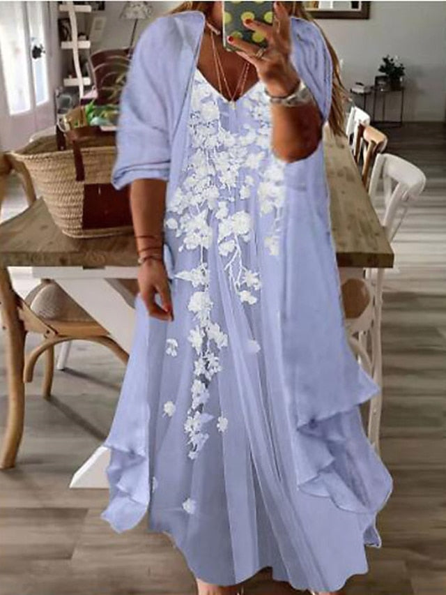 Women‘s Plus Size Curve Casual Dress Dress Set Two Piece Dress Floral Long Dress Maxi Dress 3/4 Length Sleeve Print V Neck Fashion Daily Pink Blue Spring Summer L XL XXL 3XL