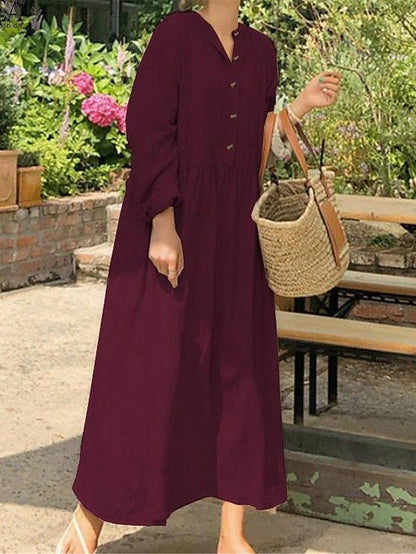 Women's Shirt Dress Casual Dress Cotton Linen Dress Maxi long Dress Button Basic Daily Split Neck Long Sleeve Summer Spring Black Wine Plain