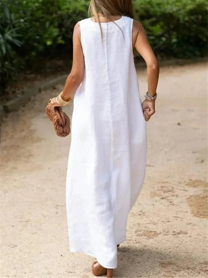 Women's White Dress Casual Dress Cotton Linen Dress Maxi long Dress Pocket Basic Daily V Neck Sleeveless Summer Spring White Plain