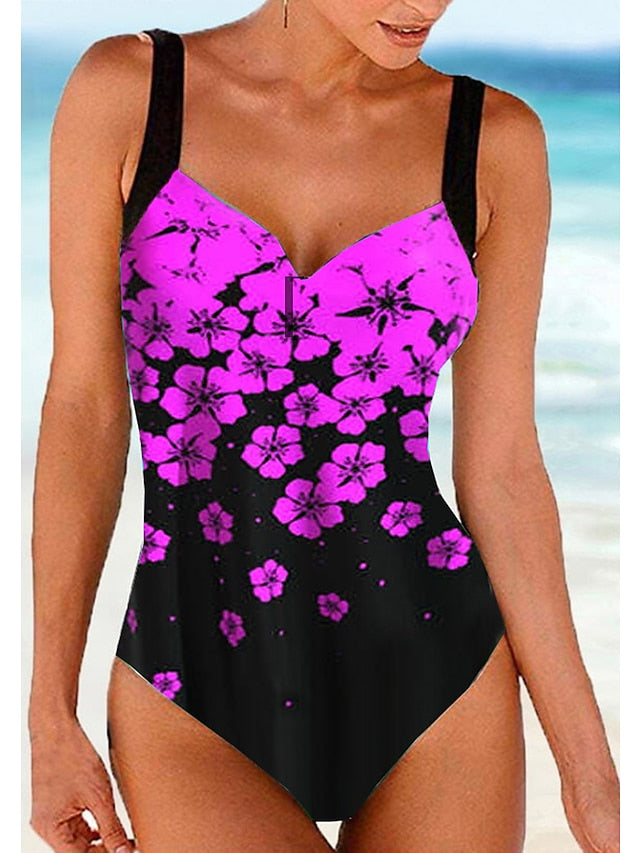 Women's Swimwear One Piece Monokini Bathing Suits Normal Swimsuit High Waisted Floral Print Green Blue Fuchsia Navy Blue Padded V Wire Bathing Suits Sports Vacation Sexy / Strap / New / Strap - LuckyFash™