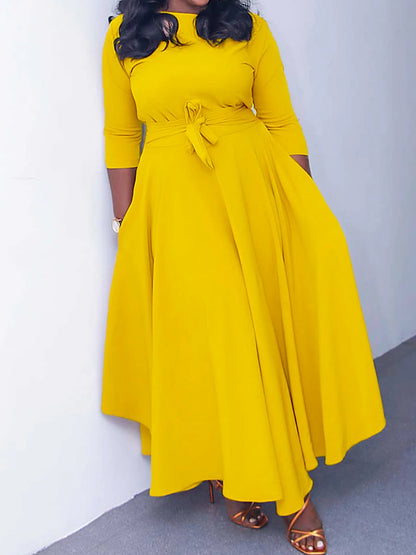 Women‘s Plus Size Curve Casual Dress Swing Dress Solid Color Long Dress Maxi Dress 3/4 Length Sleeve Lace up Pocket Crew Neck Fashion Daily Yellow Red Spring Summer L XL XXL 3XL